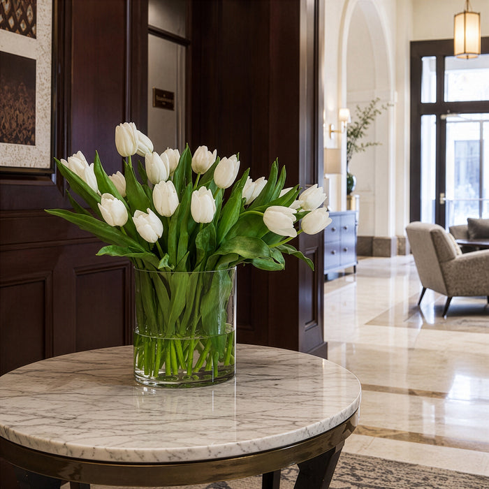 22"Hx30"W Silk French Tulip Flower Arrangement w/Glass Vase -White/Green - WF0727-WH/GR