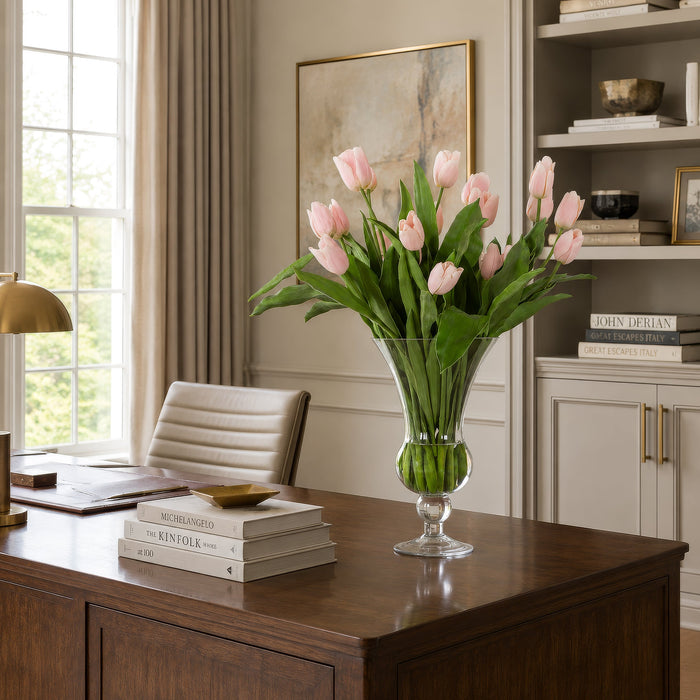 31"Hx30"W Silk Tulip Flower Arrangement w/High Footed Glass Vase -Pink/Green - WF0728-PK/GR