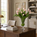 31"Hx30"W Silk Tulip Flower Arrangement w/High Footed Glass Vase -Pink/Green - WF0728-PK/GR