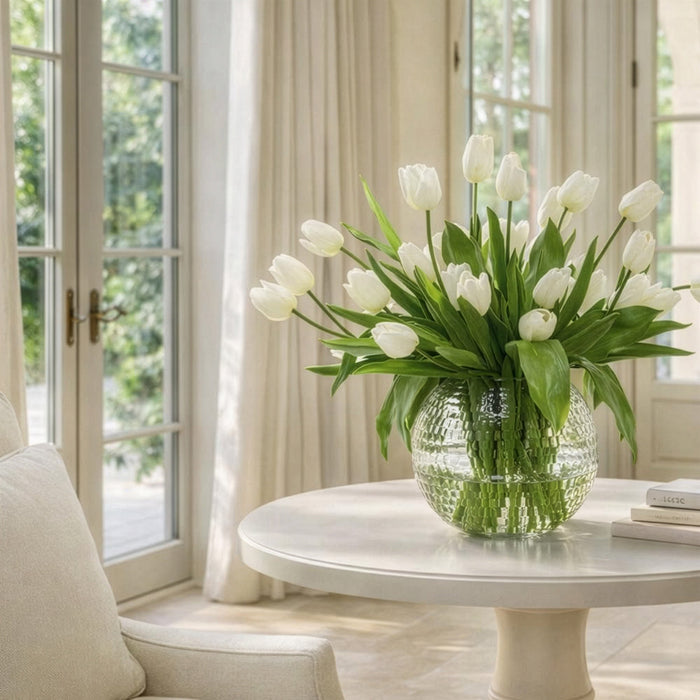24"Hx30"W Silk French Tulip Flower Arrangement w/Glass Ball Vase -White/Green - WF0729-WH/GR