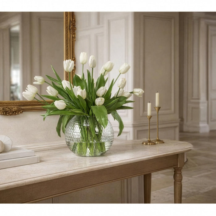 24"Hx30"W Silk French Tulip Flower Arrangement w/Glass Ball Vase -White/Green - WF0729-WH/GR