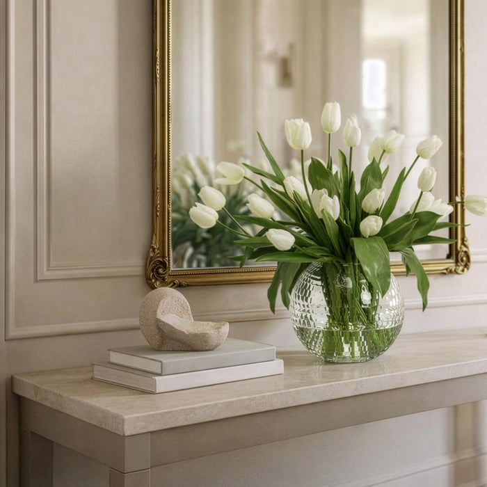 24"Hx30"W Silk French Tulip Flower Arrangement w/Glass Ball Vase -White/Green - WF0729-WH/GR