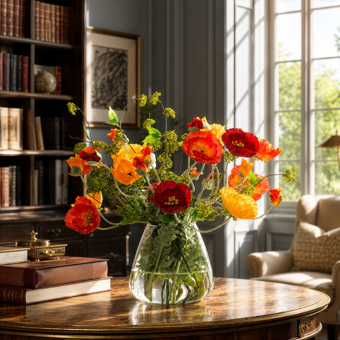 25.5"Hx34"W Large Mixed Poppy Silk Flower Arrangement w/Glass Vase -Orange/Red - WF0730-OR/RE