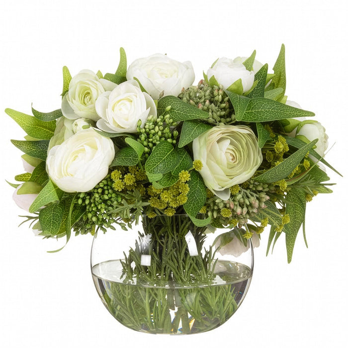 10.5"Hx11"W Mixed Ranunculus, Viburnum & Ruscus Leaf Silk Flower Arrangement w/Glass Vase -Cream/Peach - WF0733-CR/PE