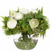 10.5"Hx11"W Mixed Ranunculus, Viburnum & Ruscus Leaf Silk Flower Arrangement w/Glass Vase -Cream/Peach - WF0733-CR/PE