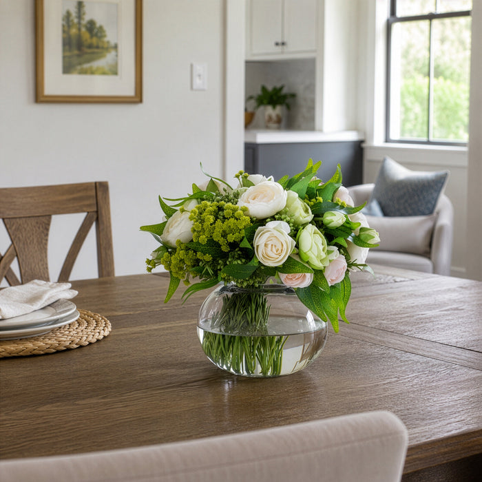 10.5"Hx11"W Mixed Ranunculus, Viburnum & Ruscus Leaf Silk Flower Arrangement w/Glass Vase -Cream/Peach - WF0733-CR/PE