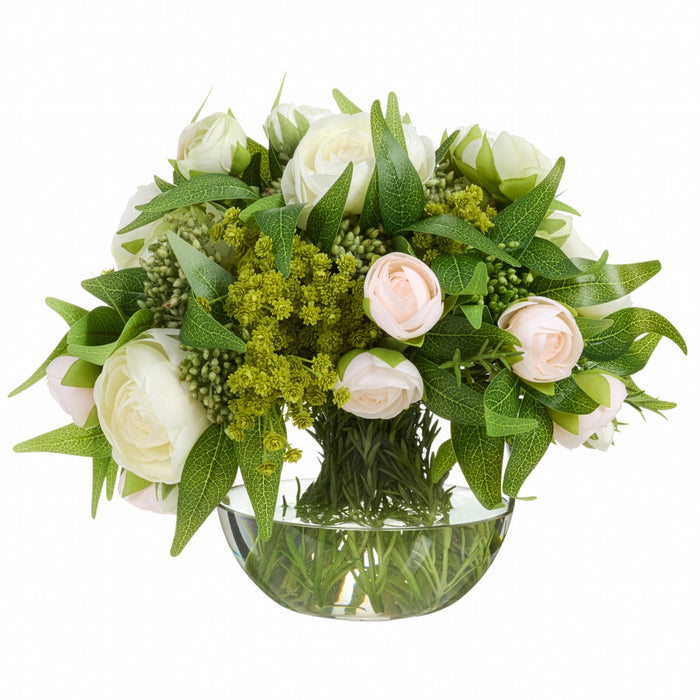 10.5"Hx11"W Mixed Ranunculus, Viburnum & Ruscus Leaf Silk Flower Arrangement w/Glass Vase -Cream/Peach - WF0733-CR/PE