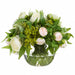 10.5"Hx11"W Mixed Ranunculus, Viburnum & Ruscus Leaf Silk Flower Arrangement w/Glass Vase -Cream/Peach - WF0733-CR/PE
