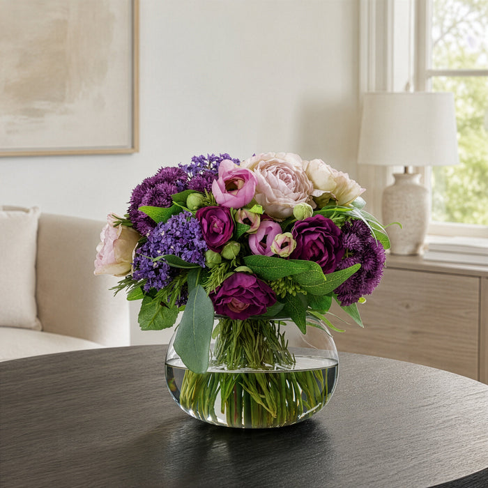 10.5"Hx11"W Mixed Ranunculus, Rose & Ruscus Leaf Silk Flower Arrangement w/Glass Vase -Purple/Lilac - WF0734-PU/LI