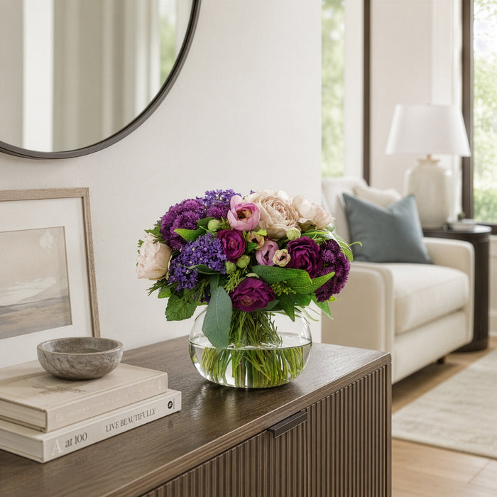 10.5"Hx11"W Mixed Ranunculus, Rose & Ruscus Leaf Silk Flower Arrangement w/Glass Vase -Purple/Lilac - WF0734-PU/LI