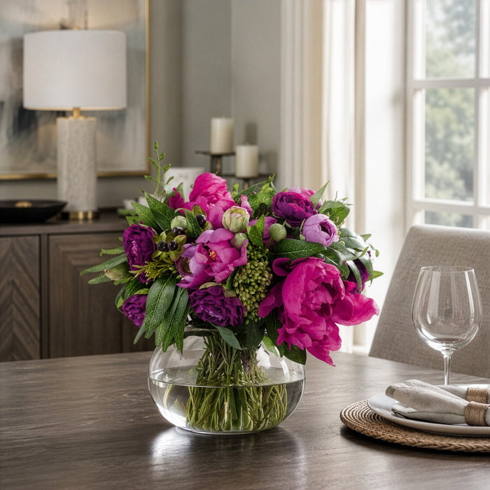 10.5"Hx11"W Mixed Ranunculus, Peony & Ruscus Leaf Silk Flower Arrangement w/Glass Vase -Purple/Fuchsia - WF0736-PU/FU