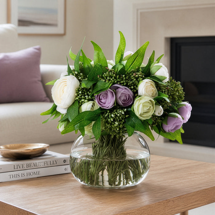 10.5"Hx11"W Mixed Ranunculus, Berry & Ruscus Leaf Silk Flower Arrangement w/Glass Vase -Cream/Lavender - WF0737-CR/LV