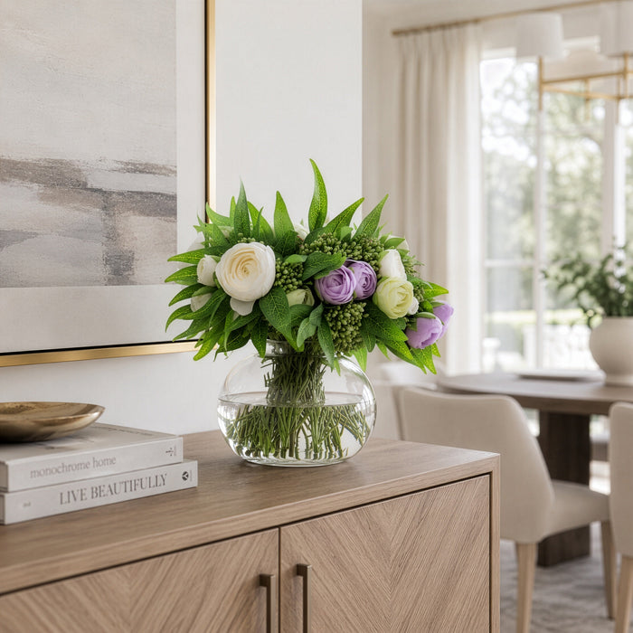 10.5"Hx11"W Mixed Ranunculus, Berry & Ruscus Leaf Silk Flower Arrangement w/Glass Vase -Cream/Lavender - WF0737-CR/LV