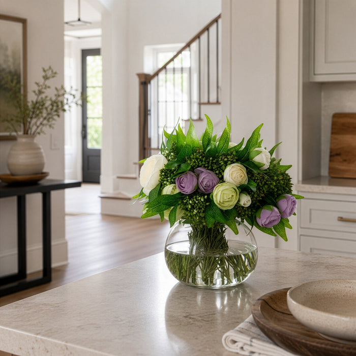 10.5"Hx11"W Mixed Ranunculus, Berry & Ruscus Leaf Silk Flower Arrangement w/Glass Vase -Cream/Lavender - WF0737-CR/LV