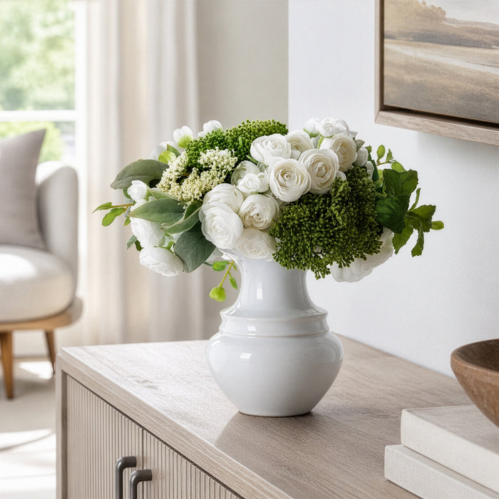 11"Hx11"W Mixed Ranunculus, Queen Anne Lace & Herbs Leaf Silk Flower Arrangement w/Ceramic Vase -White/Green - WF0738-WH/GR