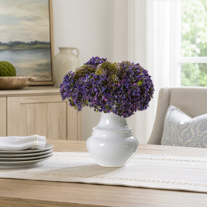 10"Hx9"W Mixed Queen Anne Lace & Sedum Artificial Flower Arrangement w/Ceramic Vase -Purple/Lavender - WF0739-PU/LV