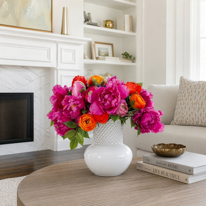 15"Hx19"W Mixed Ranunculus & Peony Silk Flower Arrangement w/Ceramic Vase -Mixed Colors - WF0740-MX