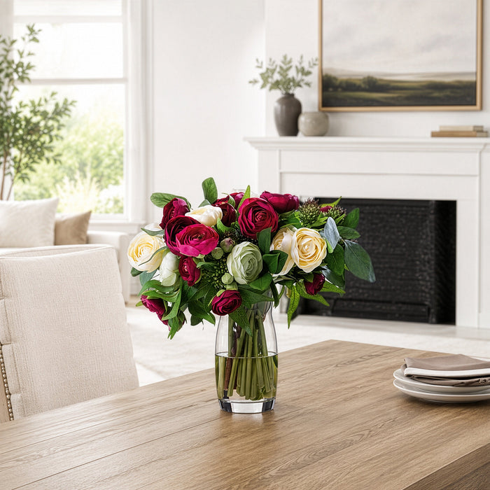 13.5"Hx16"W Mixed Ranunculus, Sedum & Eucalyptus Leaf Silk Flower Arrangement w/Glass Vase -Burgundy/Yellow - WF0742-BU/YE