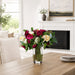 13.5"Hx16"W Mixed Ranunculus, Sedum & Eucalyptus Leaf Silk Flower Arrangement w/Glass Vase -Burgundy/Yellow - WF0742-BU/YE