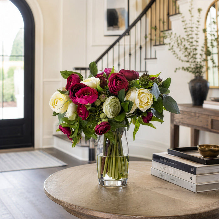 13.5"Hx16"W Mixed Ranunculus, Sedum & Eucalyptus Leaf Silk Flower Arrangement w/Glass Vase -Burgundy/Yellow - WF0742-BU/YE
