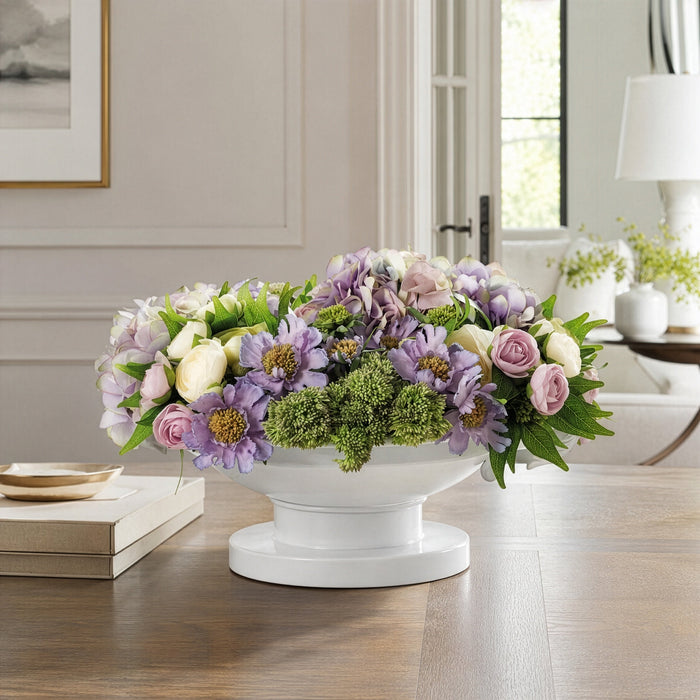 12.5"Hx20"W Ranunculus, Hydrangea & Scabiosa Silk Flower Arrangement w/Metal Urn -Cream/Lavender - WF0745-CR/LV