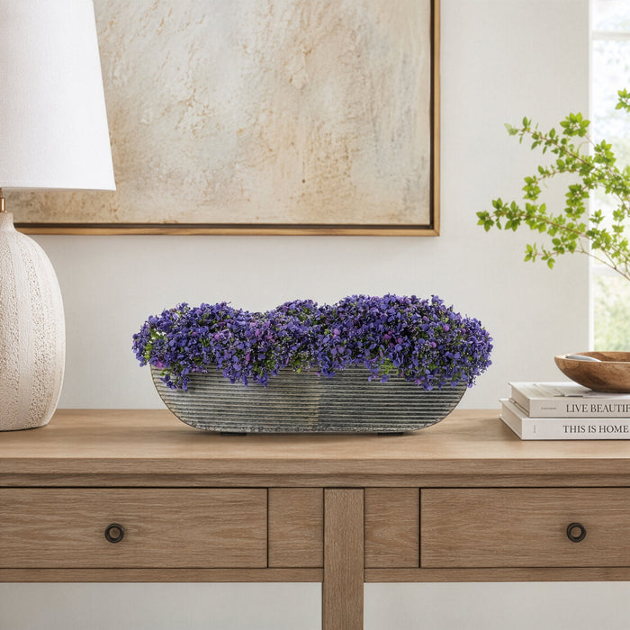 5.5"Hx14"W Queen Anne Lace Silk Flower Arrangement w/Metal Oval Container -Purple - WF0746-PU