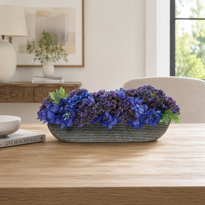 5.5"Hx14"W Queen Anne Lace & Delphinium Silk Flower Arrangement w/Metal Oval Container -Purple/Blue - WF0747-PU/BL