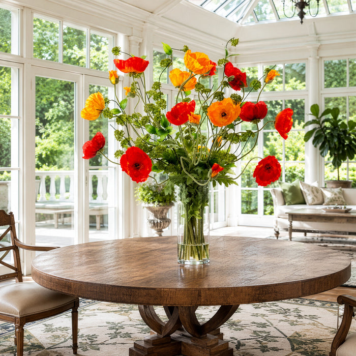 36"Hx38"W Large Mixed Poppy Silk Flower Arrangement w/Tall Glass Vase -Orange/Red - WF0752-OR/RE