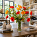 36"Hx38"W Large Mixed Poppy Silk Flower Arrangement w/Tall Glass Vase -Orange/Red - WF0752-OR/RE