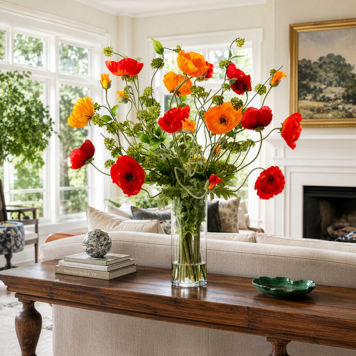 36"Hx38"W Large Mixed Poppy Silk Flower Arrangement w/Tall Glass Vase -Orange/Red - WF0752-OR/RE