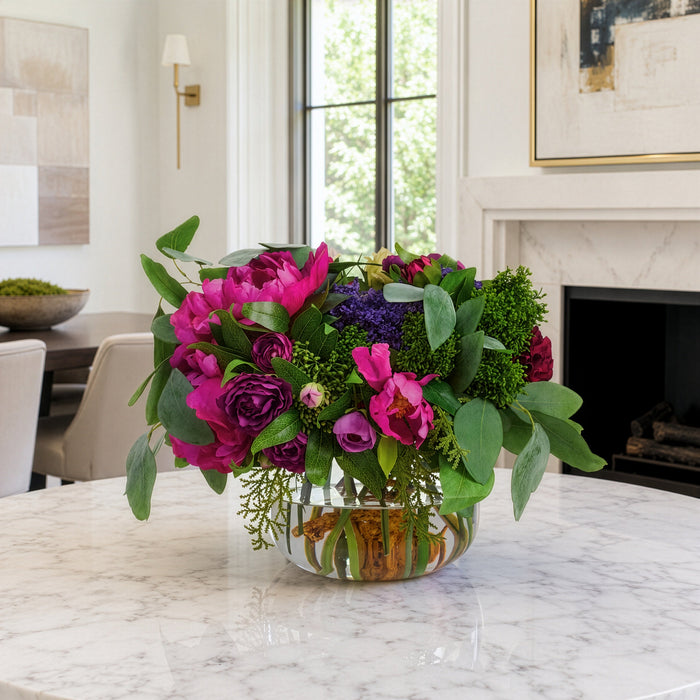 13"Hx20"W Peony, Rose, Ranunculus & Dahlia Silk Flower Arrangement w/Glass Vase -Mixed Colors - WF0753-MX