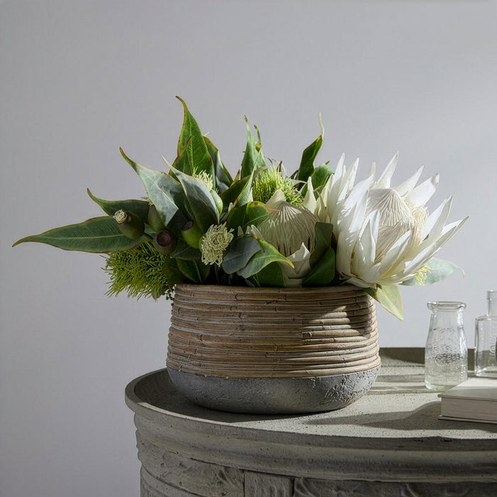 13.5"Hx22"W Protea & Eucalyptus Silk Flower Arrangement w/Cement Planter -Cream/Green - WF0754-CR/GR