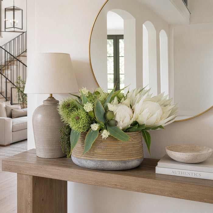 13.5"Hx22"W Protea & Eucalyptus Silk Flower Arrangement w/Cement Planter -Cream/Green - WF0754-CR/GR