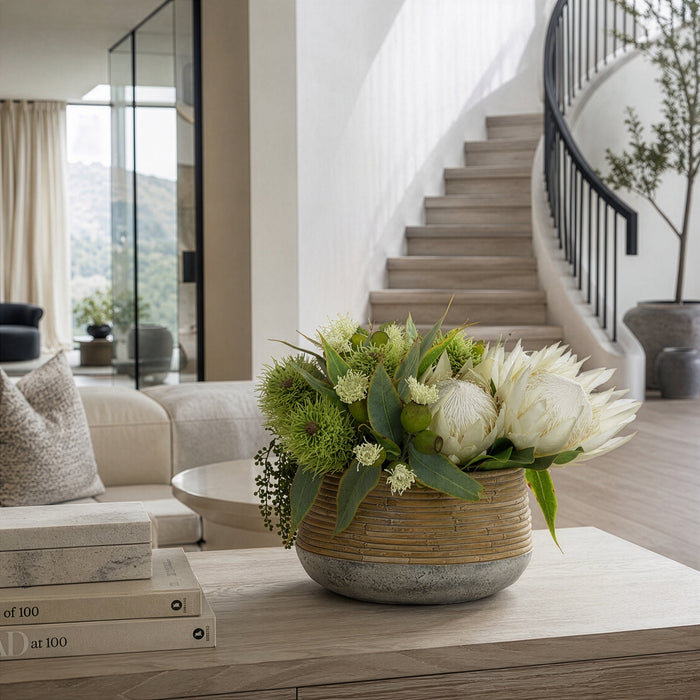 13.5"Hx22"W Protea & Eucalyptus Silk Flower Arrangement w/Cement Planter -Cream/Green - WF0754-CR/GR