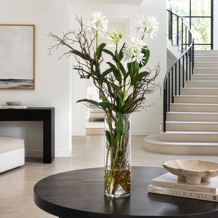 52"Hx32"W Star Cattleya Orchid & Branch Silk Flower Arrangement w/Glass Vase -Cream/Green - WF0757-CR/GR