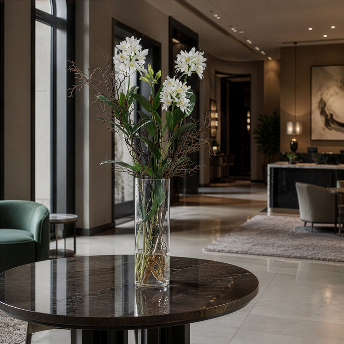 52"Hx32"W Star Cattleya Orchid & Branch Silk Flower Arrangement w/Glass Vase -Cream/Green - WF0757-CR/GR