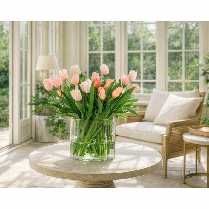 24"Hx26"W Mixed French Tulips Silk Flower Arrangement w/Glass Vase -Orange/Peach - WF0759-OR/PE
