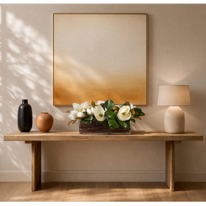 12"Hx26"W Magnolia Silk Flower Arrangement w/Glass Vase -White/Green - WF0760-WH/GR