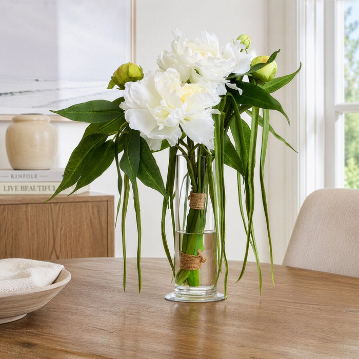 18"Hx16"W Peony & Grass Silk Flower Arrangement w/Glass Vase -White/Green - WF0763-WH/GR
