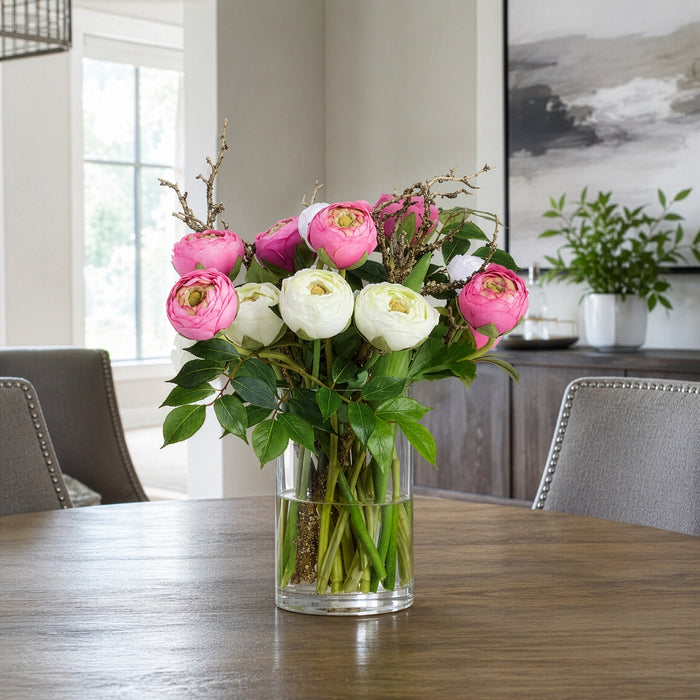 17"Hx16"W Mixed Ranunculus Silk Flower Arrangement w/Glass Vase -Mixed Colors - WF0764-MX