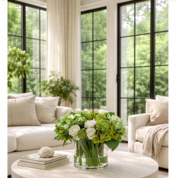 13"Hx15"W Mixed Hydrangea & Rose Silk Flower Arrangement w/Glass Vase -Green/Cream - WF0767-GR/CR