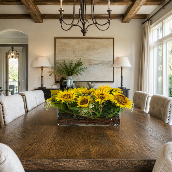 10"Hx24"W Sunflower & Queens Anne's Lace Silk Flower Arrangement w/Glass Vase -Yellow - WF0770-YE