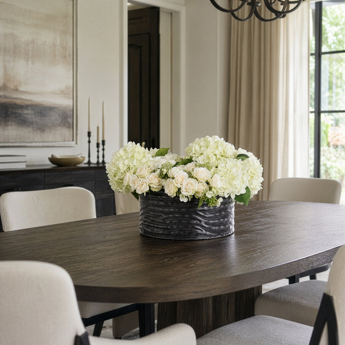 16"Hx24"W Hydrangea, Rose & Ranunculus Silk Flower Arrangement w/Ribbed Planter -Cream/White - WF0771-CR/WH