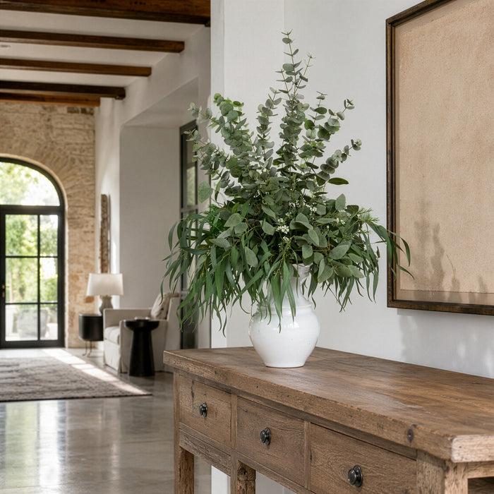 49"Hx40"W Mixed Eucalyptus Leaf Branch Artificial Arrangement w/Ceramic Vase -Green - WF0779-GR/GY
