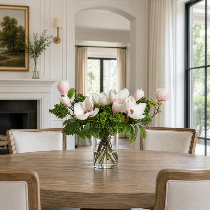 17"Hx20"W Magnolia & Sedum Silk Flower Arrangement w/Glass Vase -Pink/Blush - WF0780-PK/BS