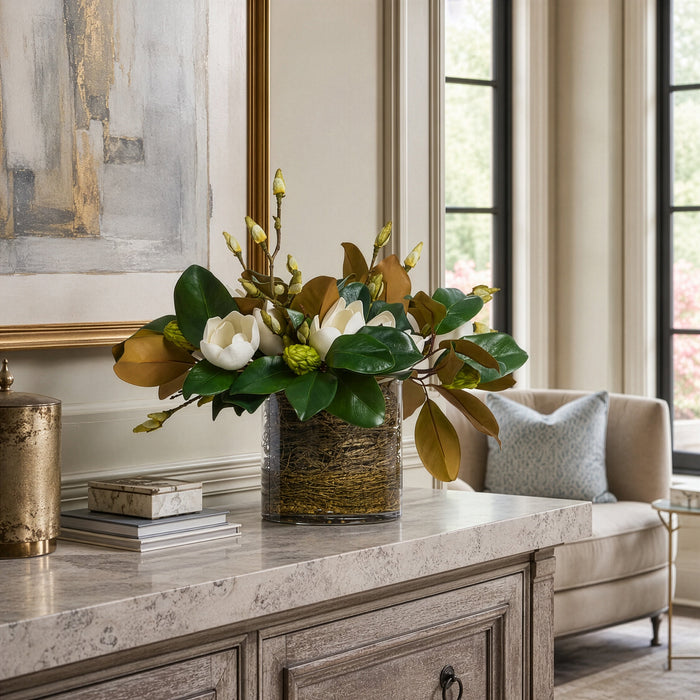 19"Hx24"W Magnolia & Twig Silk Flower Arrangement w/Glass Vase -White - WF0782-WH