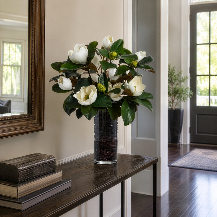 31"Hx26"W Magnolia & Twig Silk Flower Arrangement w/Glass Vase -White - WF0783-WH