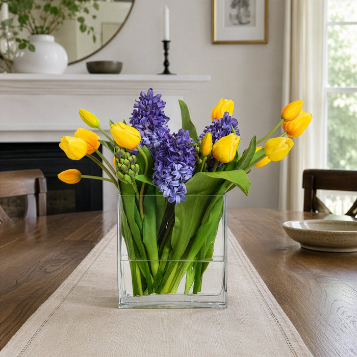 15.5"Hx18"W Tulip & Hyacinth Silk Flower Arrangement w/Glass Vase -Blue/Yellow - WF0787-BL/YE