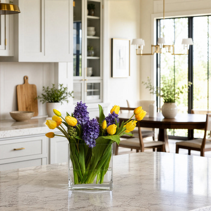 15.5"Hx18"W Tulip & Hyacinth Silk Flower Arrangement w/Glass Vase -Blue/Yellow - WF0787-BL/YE