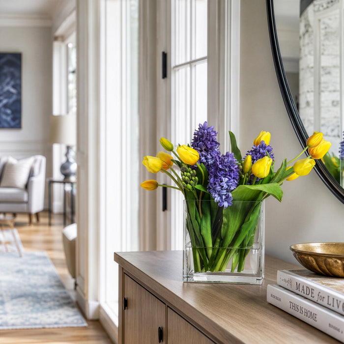 15.5"Hx18"W Tulip & Hyacinth Silk Flower Arrangement w/Glass Vase -Blue/Yellow - WF0787-BL/YE
